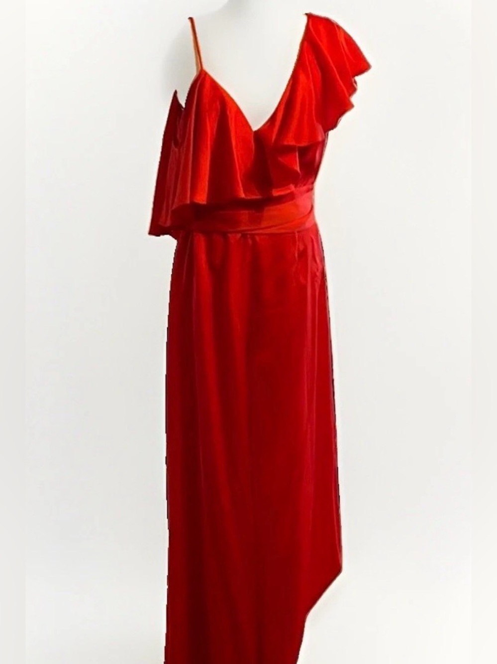 Asymmetrical belted jumpsuit (red satin with full length pant legs)